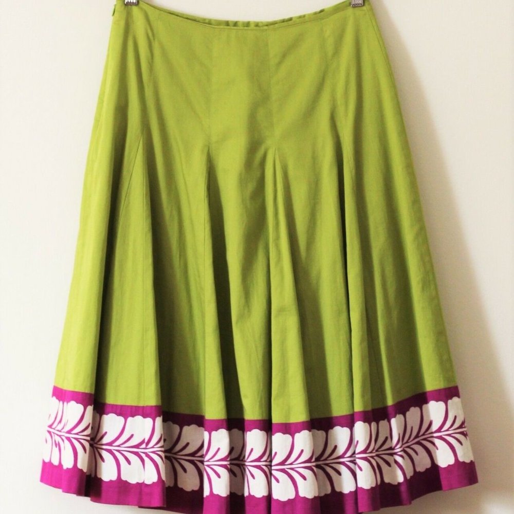 BODEN green A-line cotton skirt purple lined knee